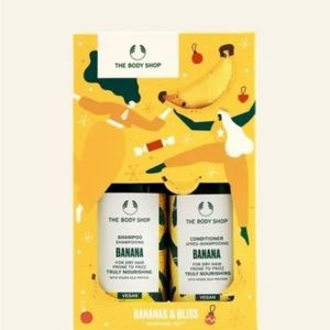 The Body Shop Banana Truly 8.4oz Shampoo+Conditioner+Head Wrap NEW in BOX SET